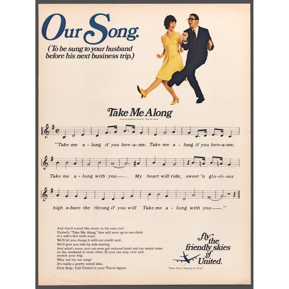 1967 United Airlines Our Song Take Me Along Vintage Print Ad Friendly Skies Art